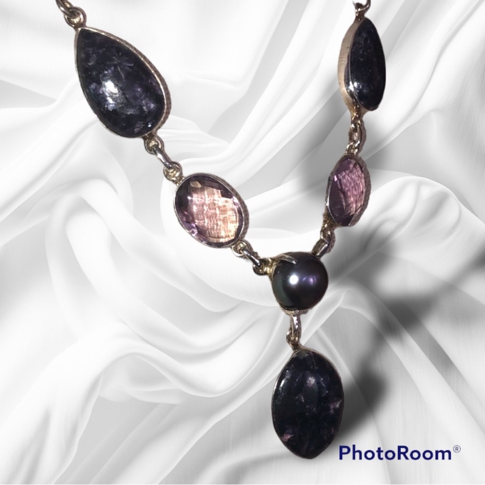 Silver Amethyst & Pearl “Y” Necklace Polished & Faceted Amethyst, Lavender pearl